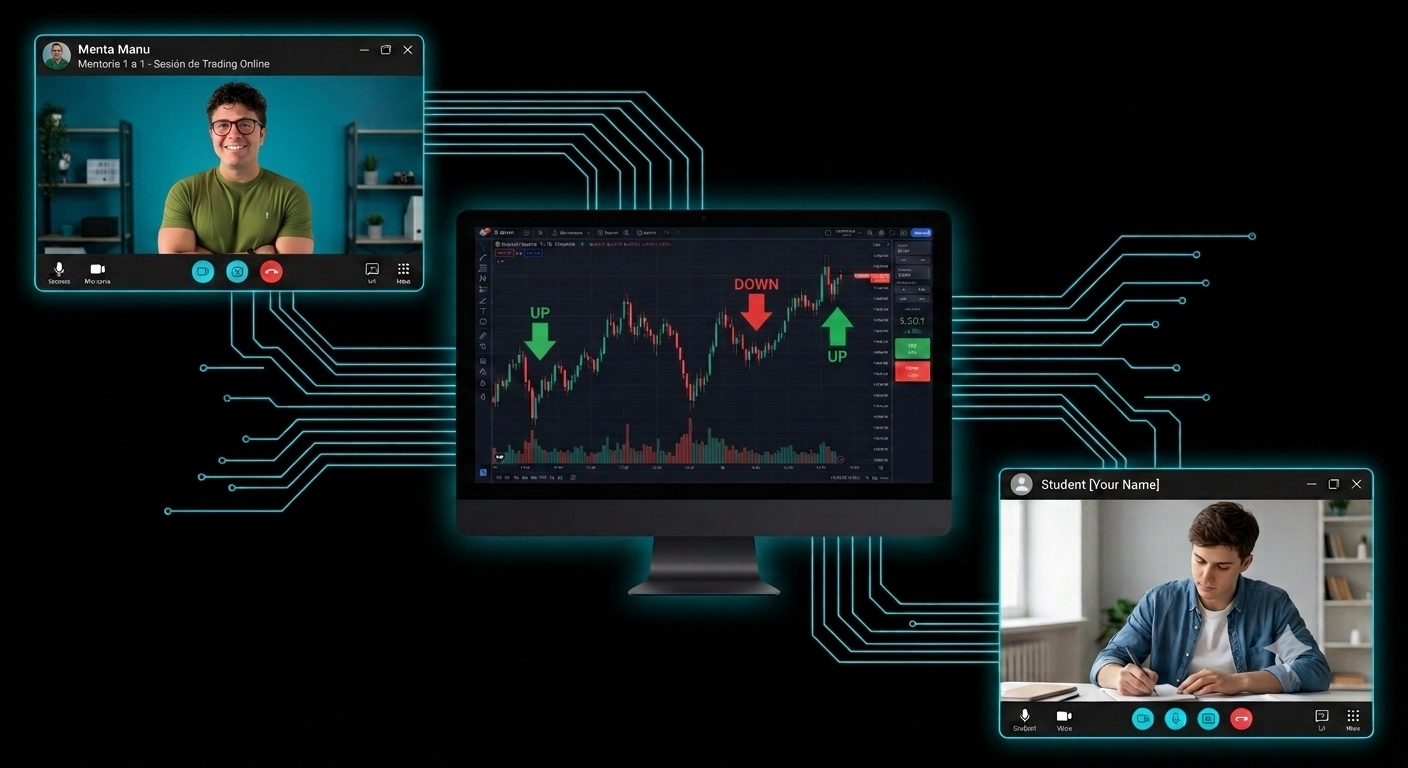 Mentoría 1 a 1 por videollamada con Manu, gráfico de trading en subida